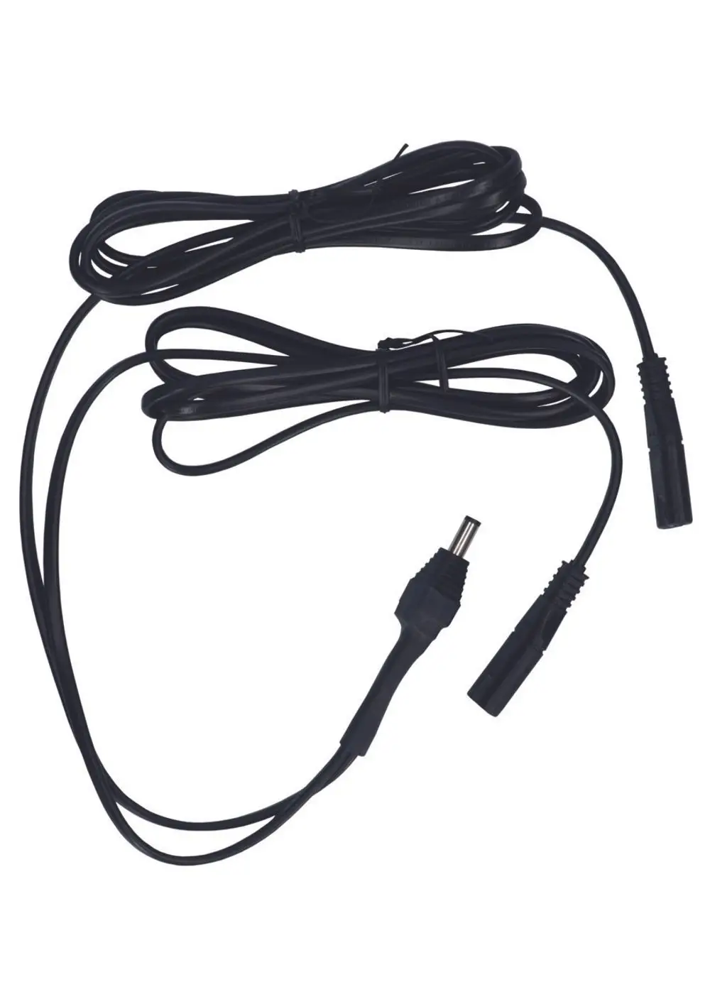 Schwarzes Kabel mit einem Stecker und zwei Buchsen, geeignet für Elektrodenanschlüsse von Judo-Geräten. Flexible Verwendung in elektrischen Anwendungen.